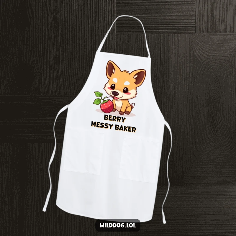Funny Kawaii Wild Dog Apron: Cute character playfully nudging a berry while cooking, a practical and funny addition to kitchen wear.