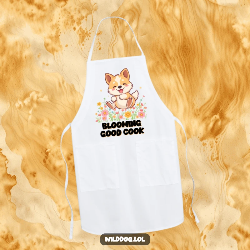 Funny apron with a design of a wild dog rolling happily amidst a vibrant field of blooming flowers during a culinary escapade.