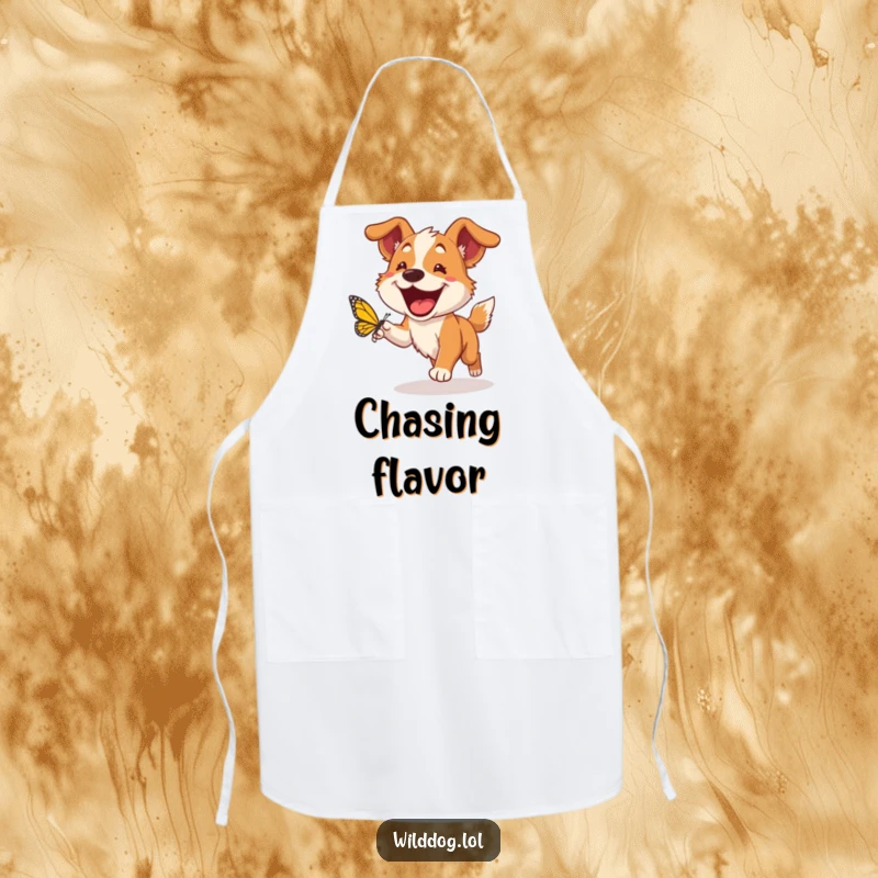 Funny wild dog apron showing a happy dog with a huge grin chasing a butterfly, a humorous kitchen accessory for playful cooks.