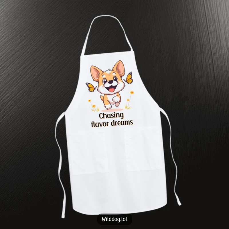 Funny wild dog apron showing a dog with wide, joyful eyes chasing a butterfly, ready for the kitchen.