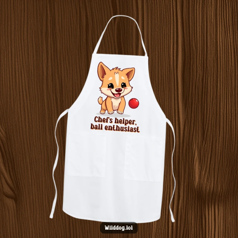 Funny apron with a wild dog happily bouncing a tiny red ball, ideal for kitchen use and playful cooking.