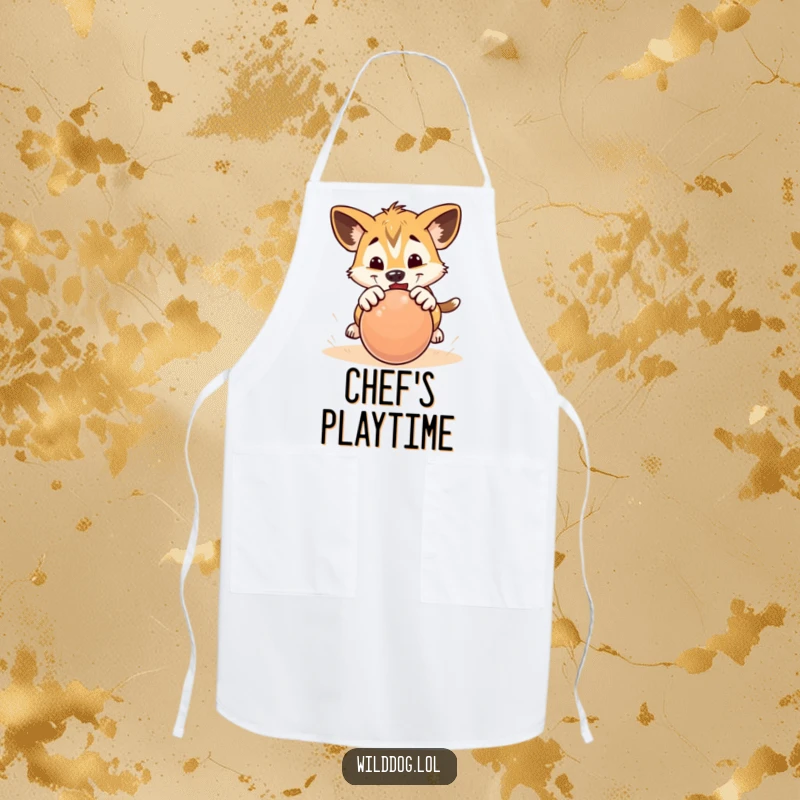 Funny apron showing a wild dog puppy playfully pouncing on a rolling ball, ready for kitchen fun.
