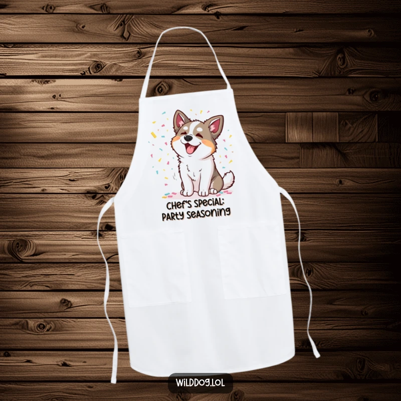 Funny apron with a wild dog joyfully scattering colorful confetti, ideal for kitchen use and festive cooking.