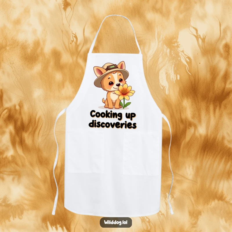 Funny explorer dog apron, a dog wearing a hat sniffing a huge flower, ready for kitchen adventures with a canine twist.
