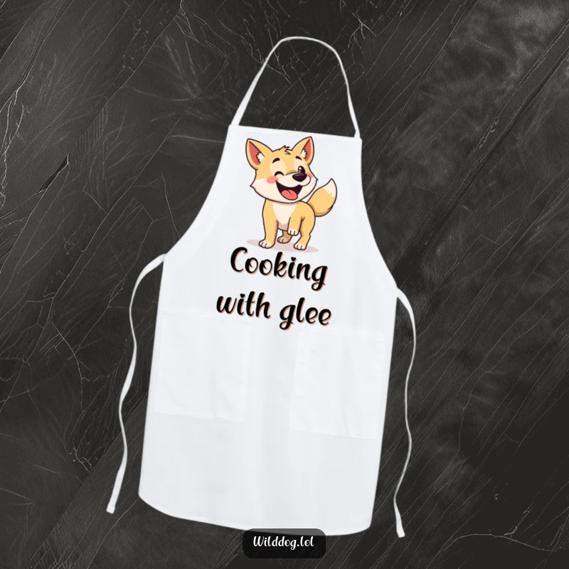 Funny apron with a wild dog's tail wagging enthusiastically.