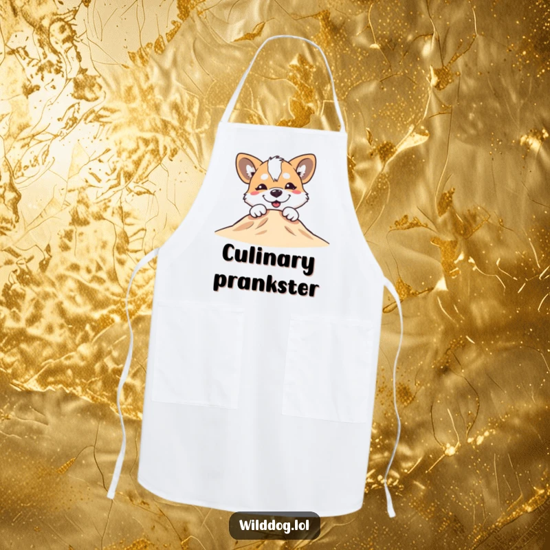 Funny wild dog with a silly grin peeking over a small hill on a kitchen apron, ready for fun.