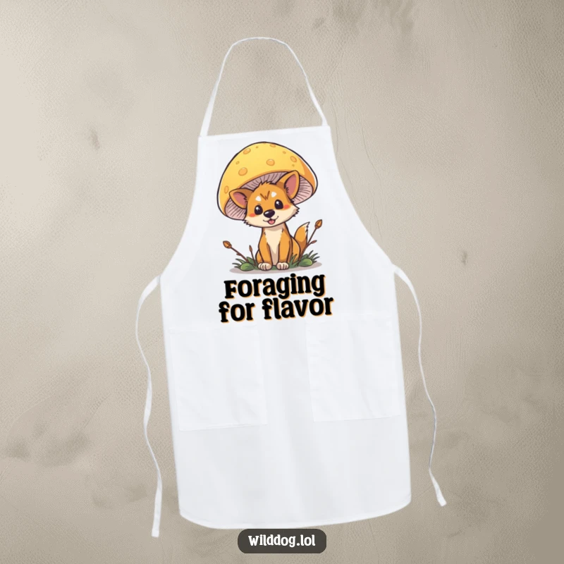 Funny Wild Dog Mushroom Apron showing a dog peeking mischievously from behind a large mushroom.