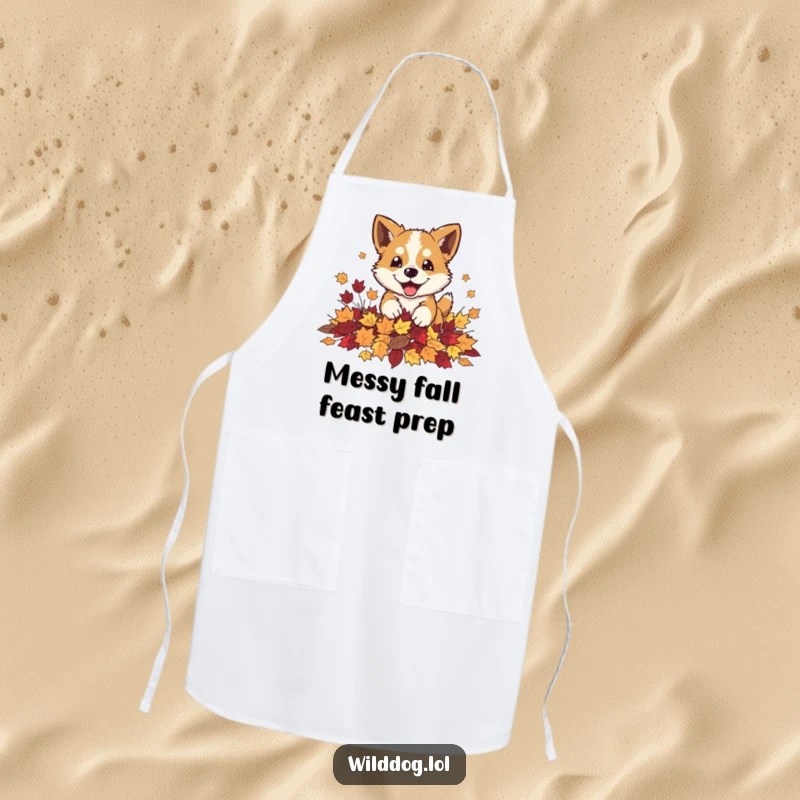 Funny wild dog playfully pouncing into a pile of autumn leaves on a kitchen apron, ready to cook.