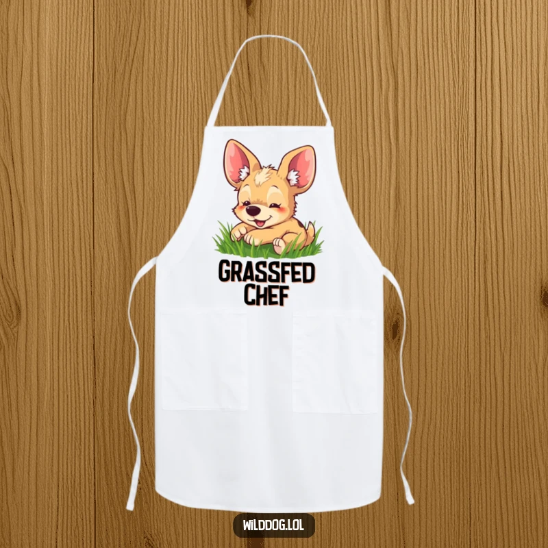 Funny apron depicting a joyful wild dog with large ears playfully rolling in green grass, adding humor to cooking.