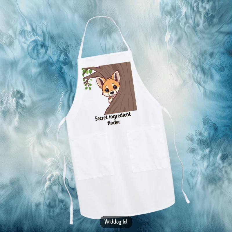 Funny wild dog peeking curiously around a tree, on an apron, for adding humor to kitchen activities.