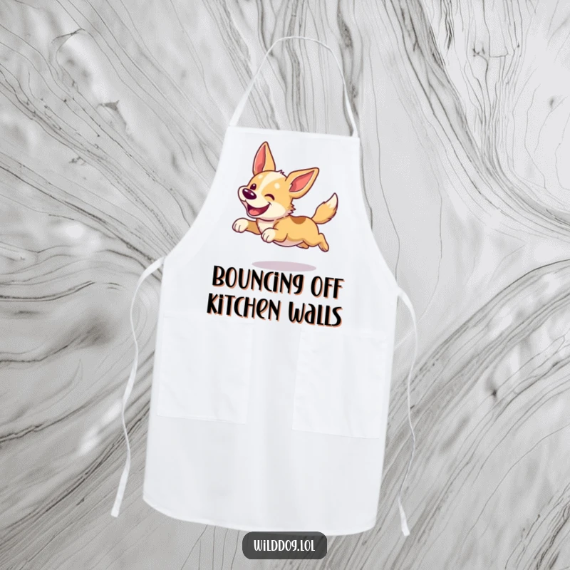 Funny dog apron showing a wild dog in a happy leap, ears flapping. Great for kitchen fun and humor.