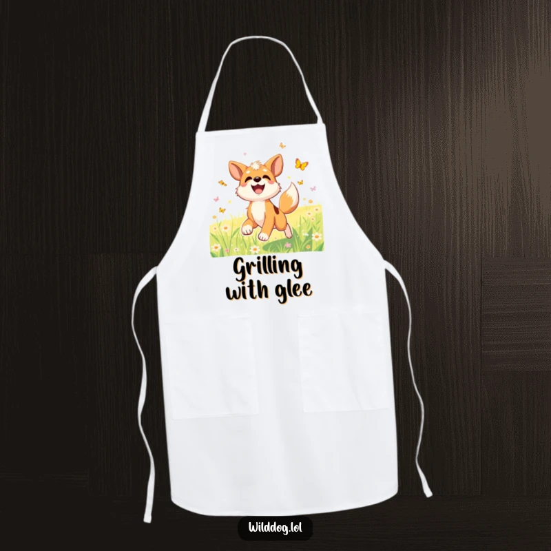 Funny apron depicting a joyful wild dog with a wagging tail, chasing butterflies in a sunlit meadow.