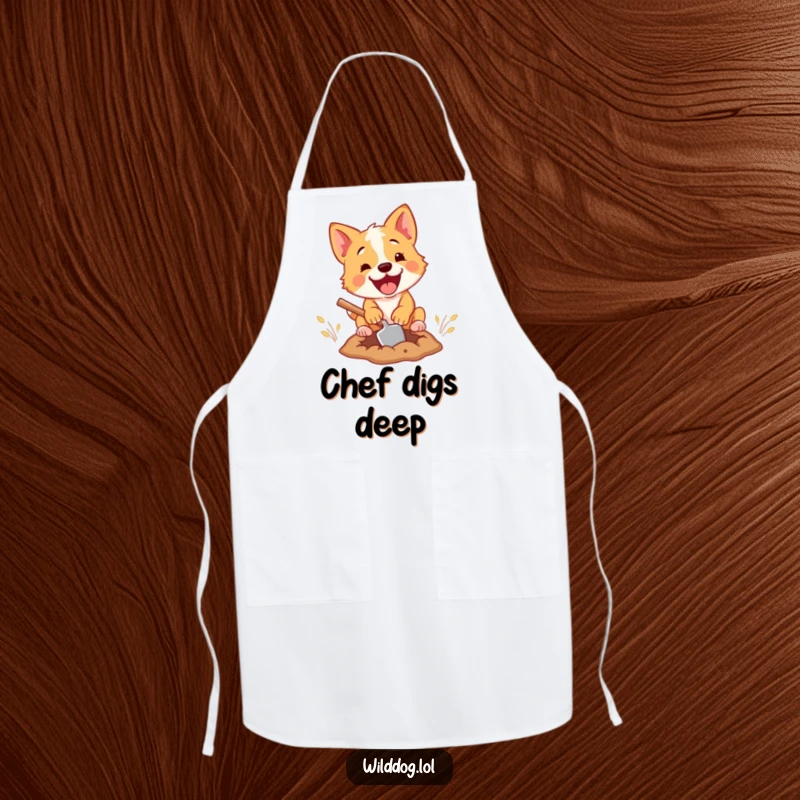 Funny apron showing a wild dog with a tiny shovel digging with great enthusiasm, perfect for messy tasks and kitchen fun.