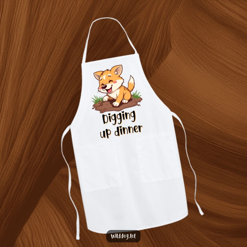 Funny apron depicting a wild dog happily digging a hole, perfect for kitchen use or as a humorous gift for dog-loving chefs.