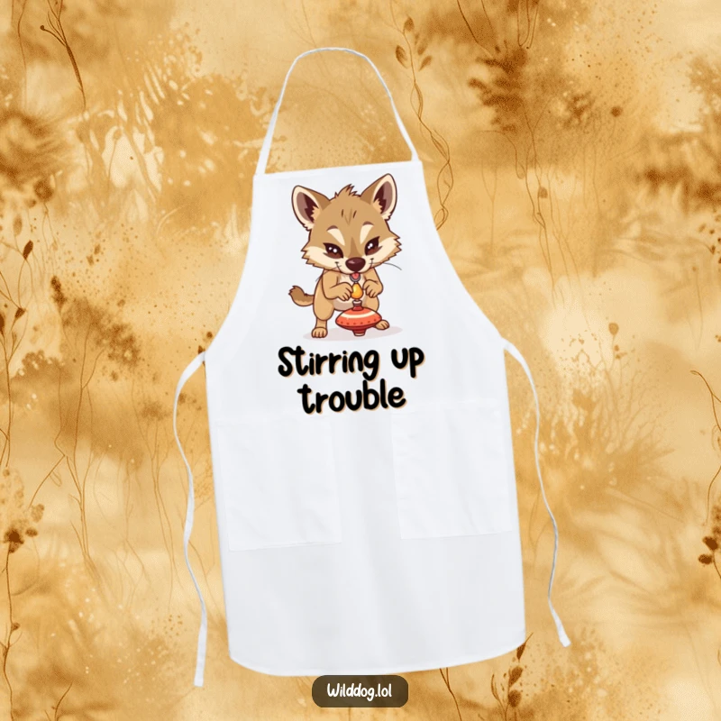 Funny wild dog determinedly balancing a tiny spinning top, functional and funny apron for kitchen activities.