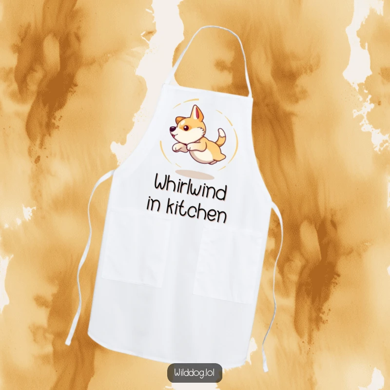 Funny apron illustration of a wild dog spinning in dizzy circles, comically chasing its tail during a kitchen adventure.