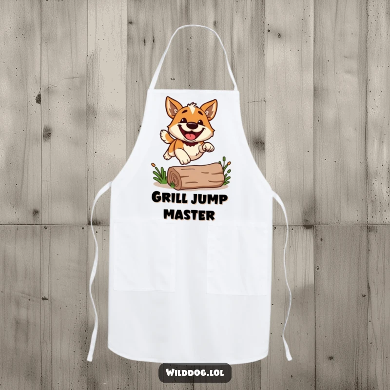 Funny wild dog with a big grin, leaping over a log, on an apron, for adding humor to cooking.