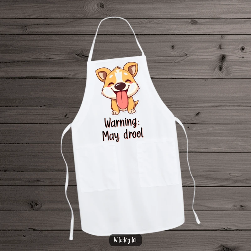 Funny apron depicting a panting wild dog character with a big, happy tongue lolling out, ready for kitchen duty with a smile.