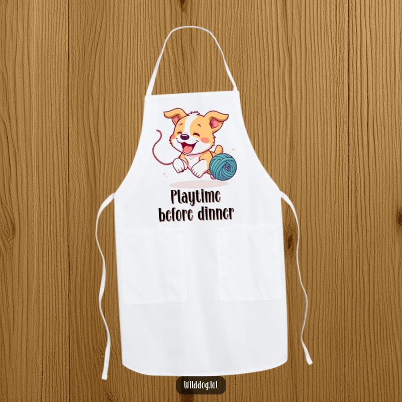 Funny wild dog puppy joyfully chasing a bouncing ball of yarn on a kitchen apron, ready for fun.