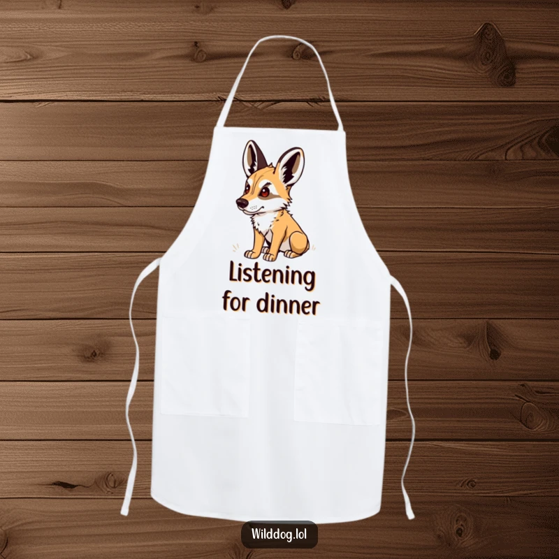 Funny Apron: Wild dog with perked ears, listening closely in the kitchen, a humorous and practical cooking accessory.