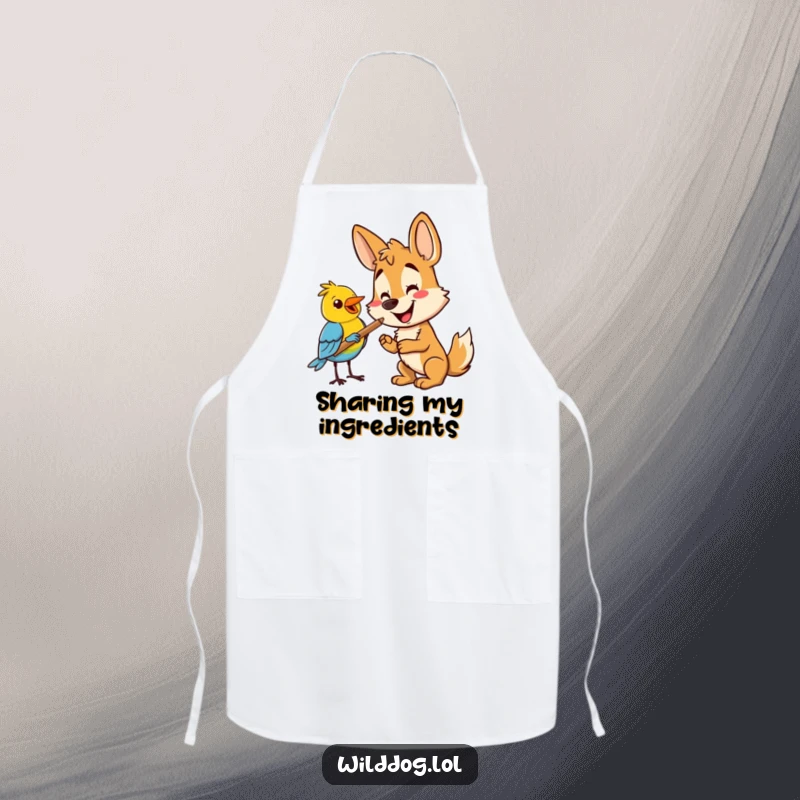 Funny wild dog offering a stick to a bird, adding humor and charm to this functional cooking apron. Funny gift.