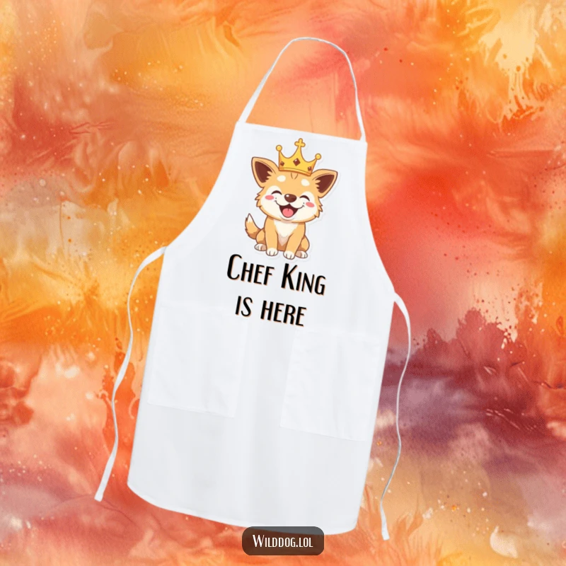 Funny apron with a wild dog wearing a crown and barking playfully, perfect for kitchen protection and royal-themed fun.