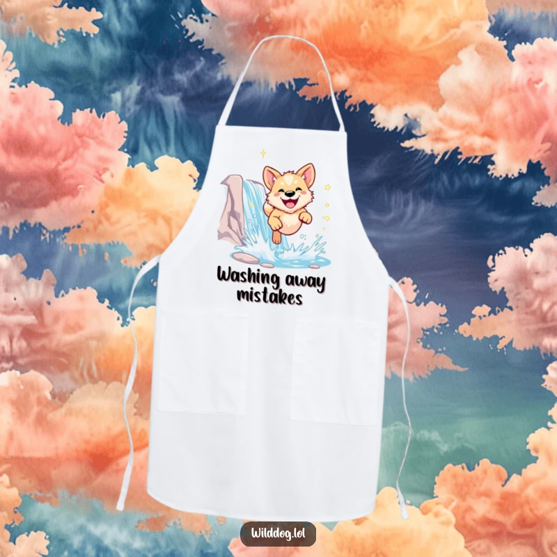 Funny wild dog apron showing a dog leaping through a waterfall, great for kitchen fun.