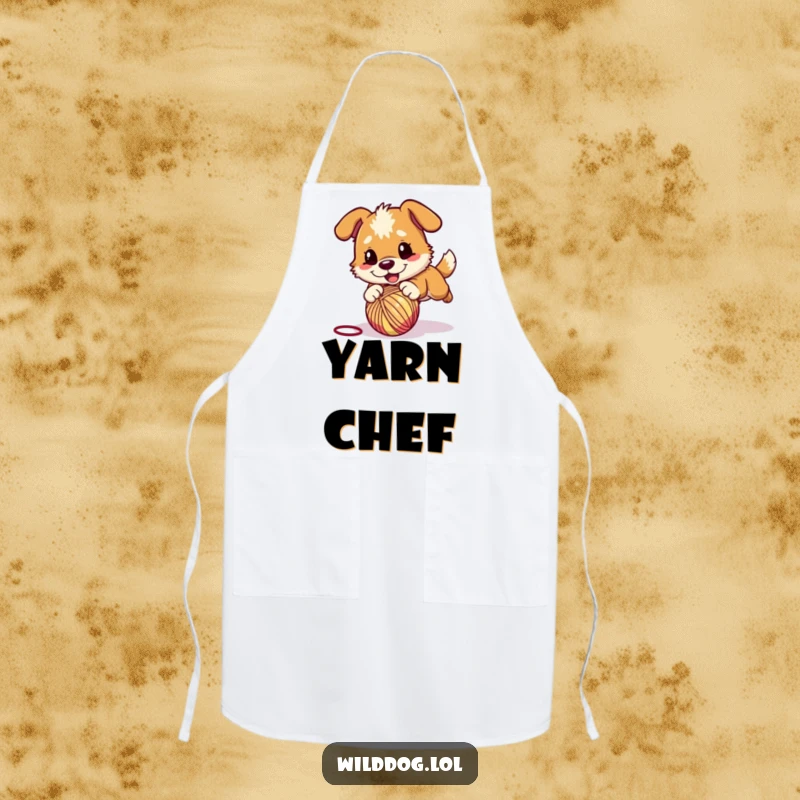 Funny apron featuring a wild dog character playfully pouncing on a bouncing ball of yarn, ideal for kitchen fun and a unique gift.