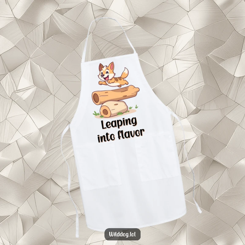 Funny apron depicting a joyful wild dog leaping over a small log, adding humor to kitchen tasks.