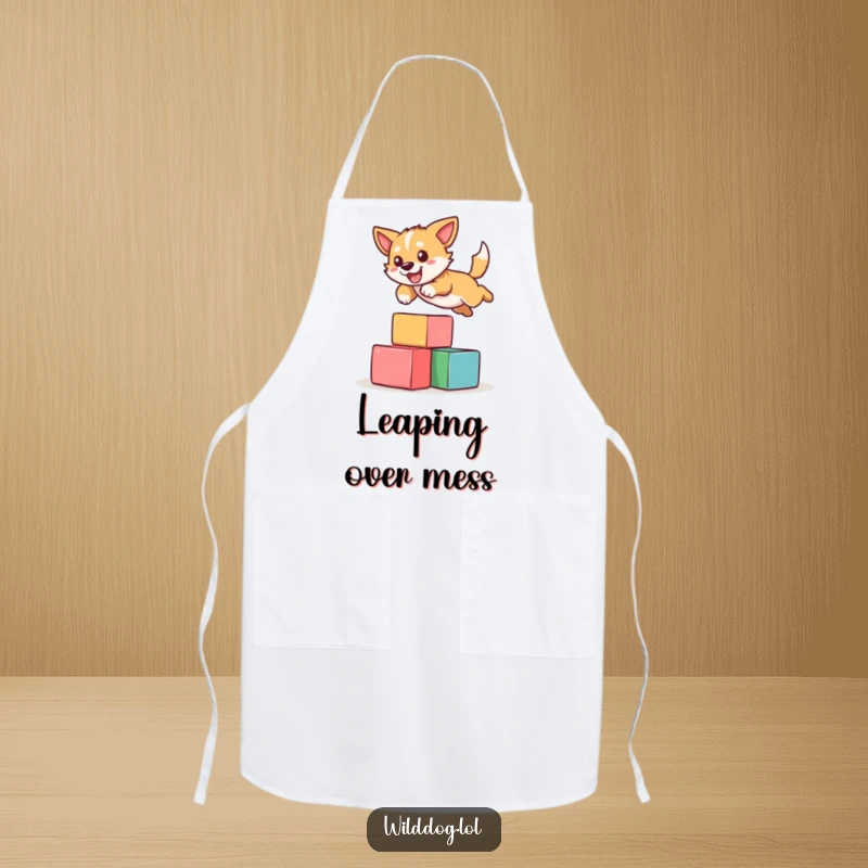 Funny apron showing a wild dog comically leaping over colorful blocks, perfect for the kitchen with a side of energetic humor.