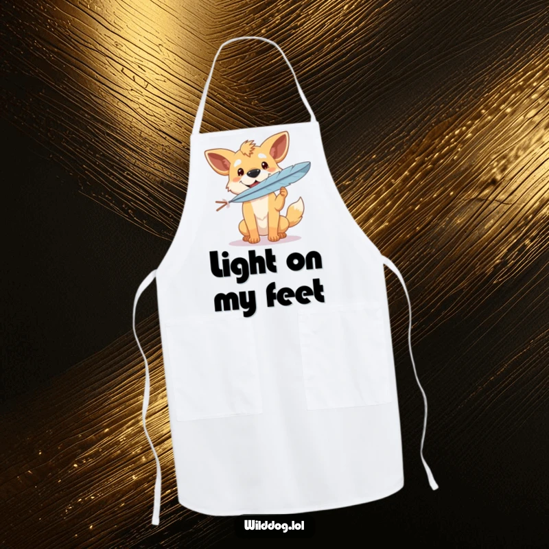 Funny apron showing a wild dog with a happy expression, perfectly balancing a feather, adding gentle humor to the kitchen.