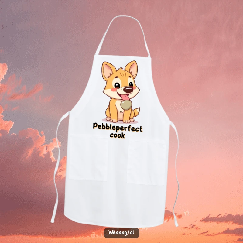 Funny Kawaii Wild Dog Apron: Cute character happily panting with a shiny pebble while cooking, a practical and funny addition.