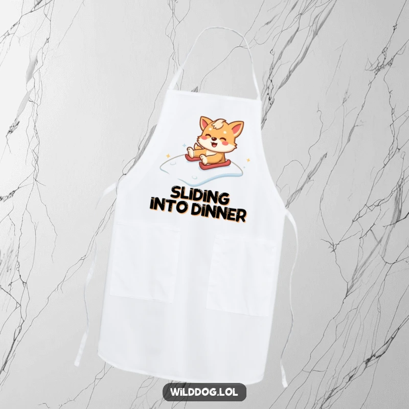 Funny wild dog sliding down a snowy hill, adding humor and charm to this functional cooking apron. Funny gift.
