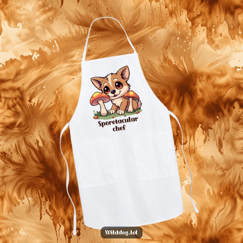 Funny apron with a wild dog's wide eyes fixed on a mysterious, glowing mushroom during a kitchen adventure.