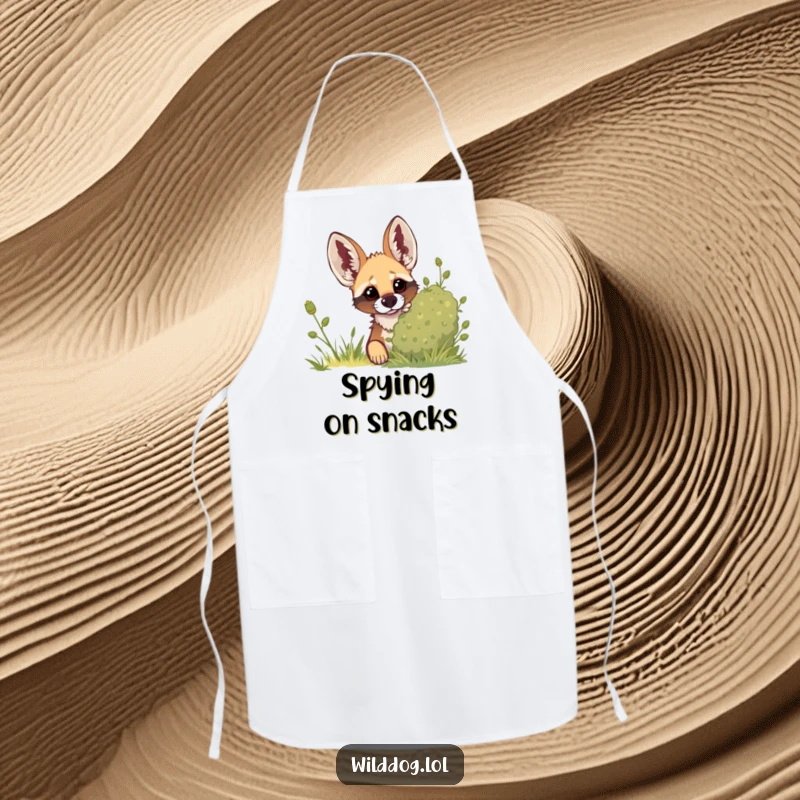 Funny apron illustration of a wild dog peeking from behind a bush, ears up, attentively watching the kitchen activities.