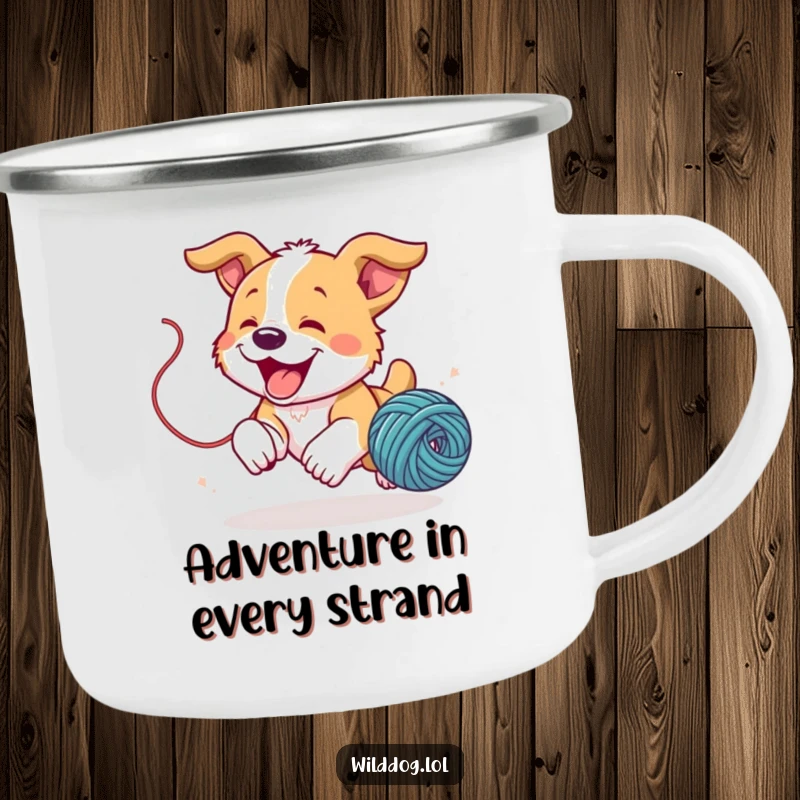 Funny wild dog puppy joyfully chasing a bouncing ball of yarn on a durable camping mug, ready for the outdoors.