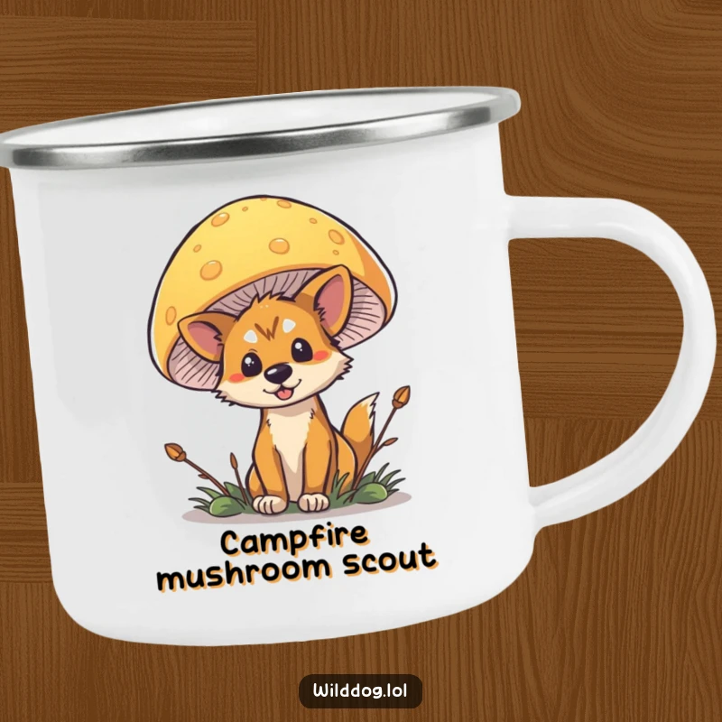 Funny Wild Dog Mushroom Camping Mug with a dog peeking from behind a mushroom, perfect for outdoors.