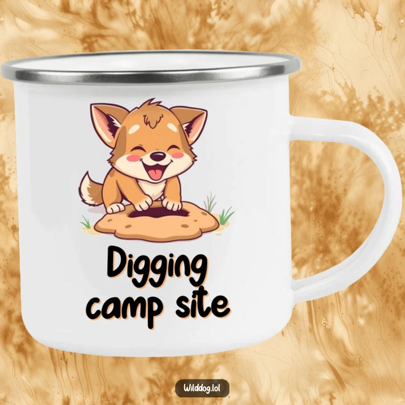 Funny Camping Mug: Wild dog digging with great enthusiasm, a humorous and durable mug for outdoor enjoyment.