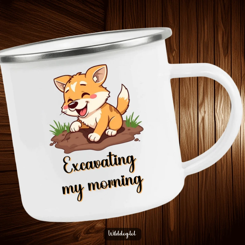 Funny camping mug showing a wild dog digging a hole with gusto, suitable for adventures and bringing smiles to outdoor enthusiasts.