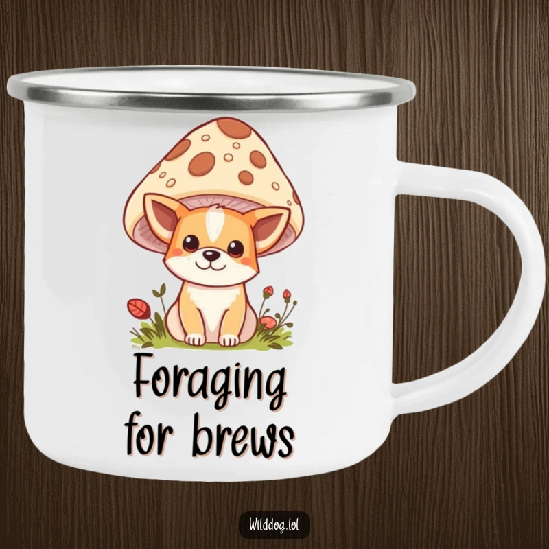 Funny Kawaii Wild Dog Camping Mug: Cute character peeking from behind a mushroom, built for adventure and bringing a smile, a funny outdoor gift.
