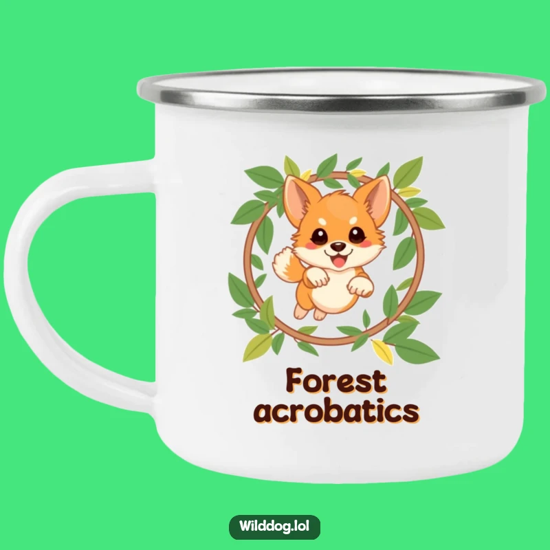 Funny Wild Dog Camping Mug: Leaping Pup Adventure Gear, Perfect Outdoor Gift!