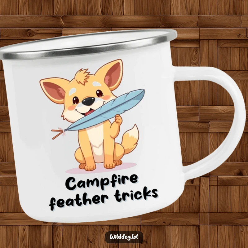 Funny camping mug showing a wild dog with a happy expression balancing a feather in a peaceful outdoor setting, inspiring quiet enjoyment.