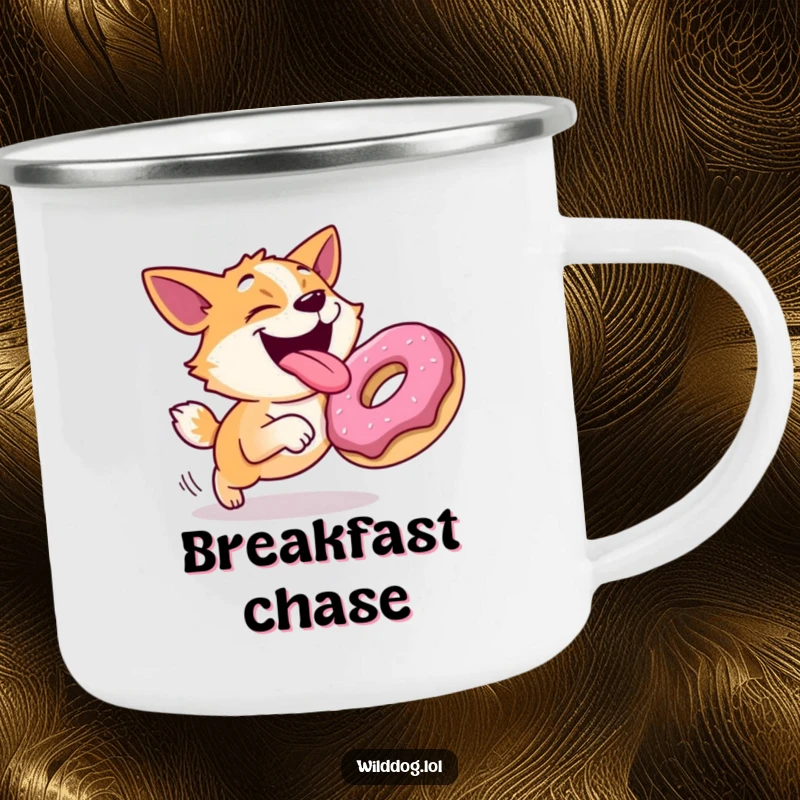Funny enamel camping mug with a joyful dog with its tongue out, hilariously chasing a rolling donut, ready for humorous outdoor moments.