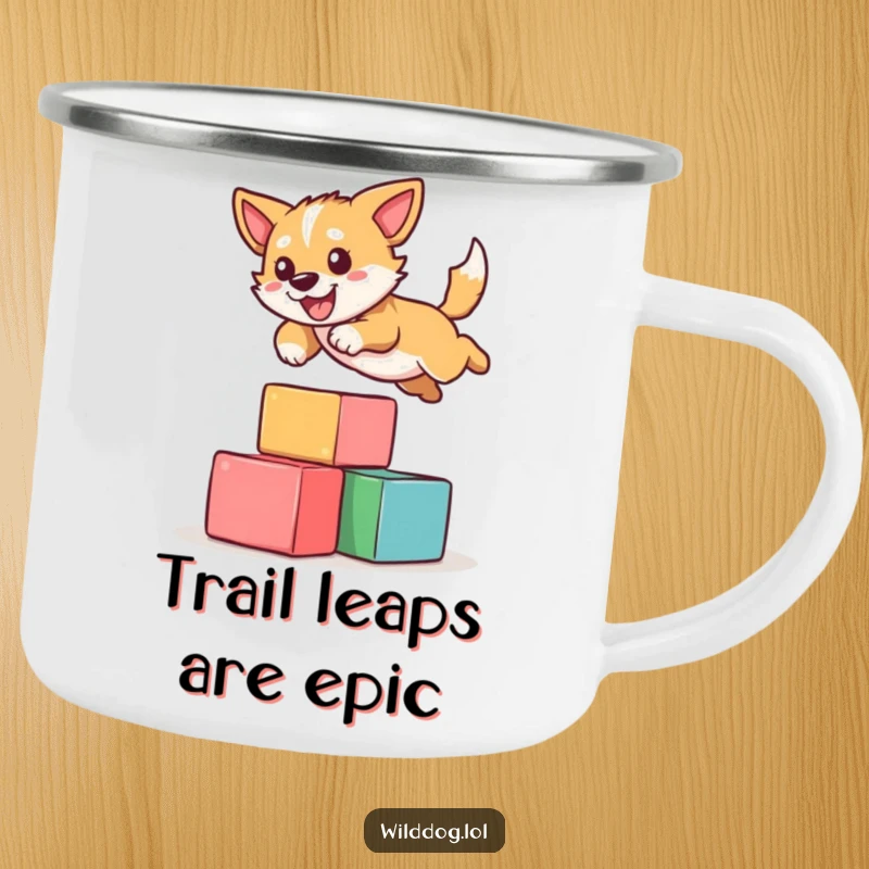 Funny camping mug showing a wild dog playfully leaping over blocks in a scenic outdoor setting, inspiring adventurous fun.