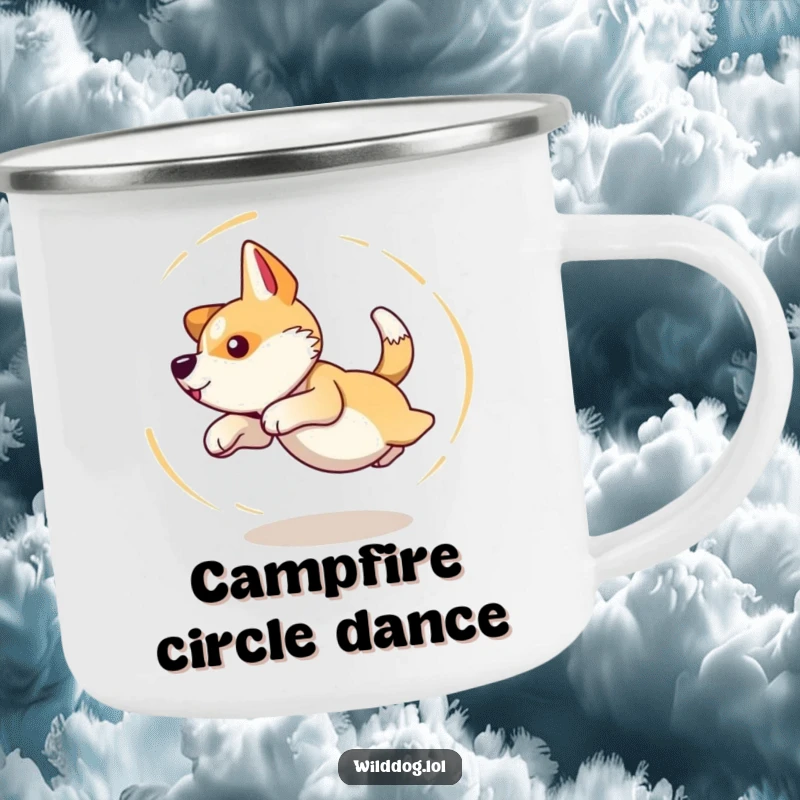 Funny camping mug showing a wild dog in a dizzy spin, hilariously chasing its own tail in an outdoor setting.