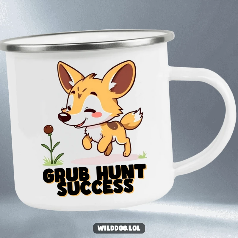Funny Kawaii Wild Dog Camping Mug: Cute character doing a little hop for a grub, built for adventure and smiles, a funny outdoor gift.