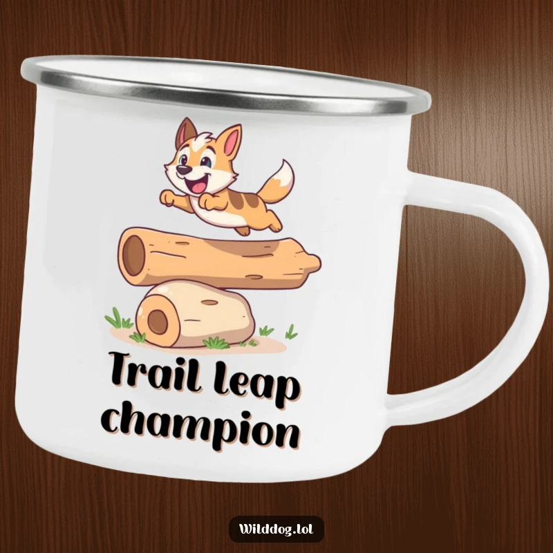 Funny camping mug showing an excited wild dog energetically leaping over a small log, ideal for outdoor use.