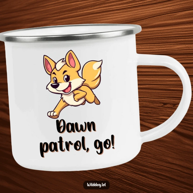 Funny camping mug with a wild dog character running with a determined and happy expression, perfect for outdoor enjoyment and inspiration.