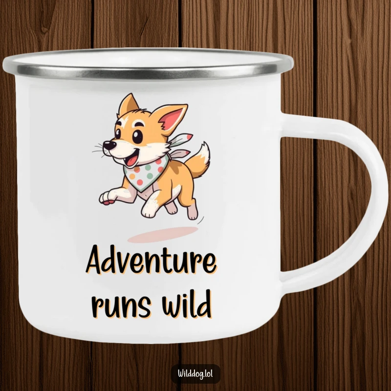 Funny wild dog in a bandana, running with wind, on a camping mug, for enjoying drinks on the go.