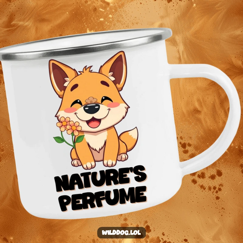 Funny camping mug featuring a wild dog character with a delighted grin balancing a flower on its nose, perfect for sunny outdoor moments.